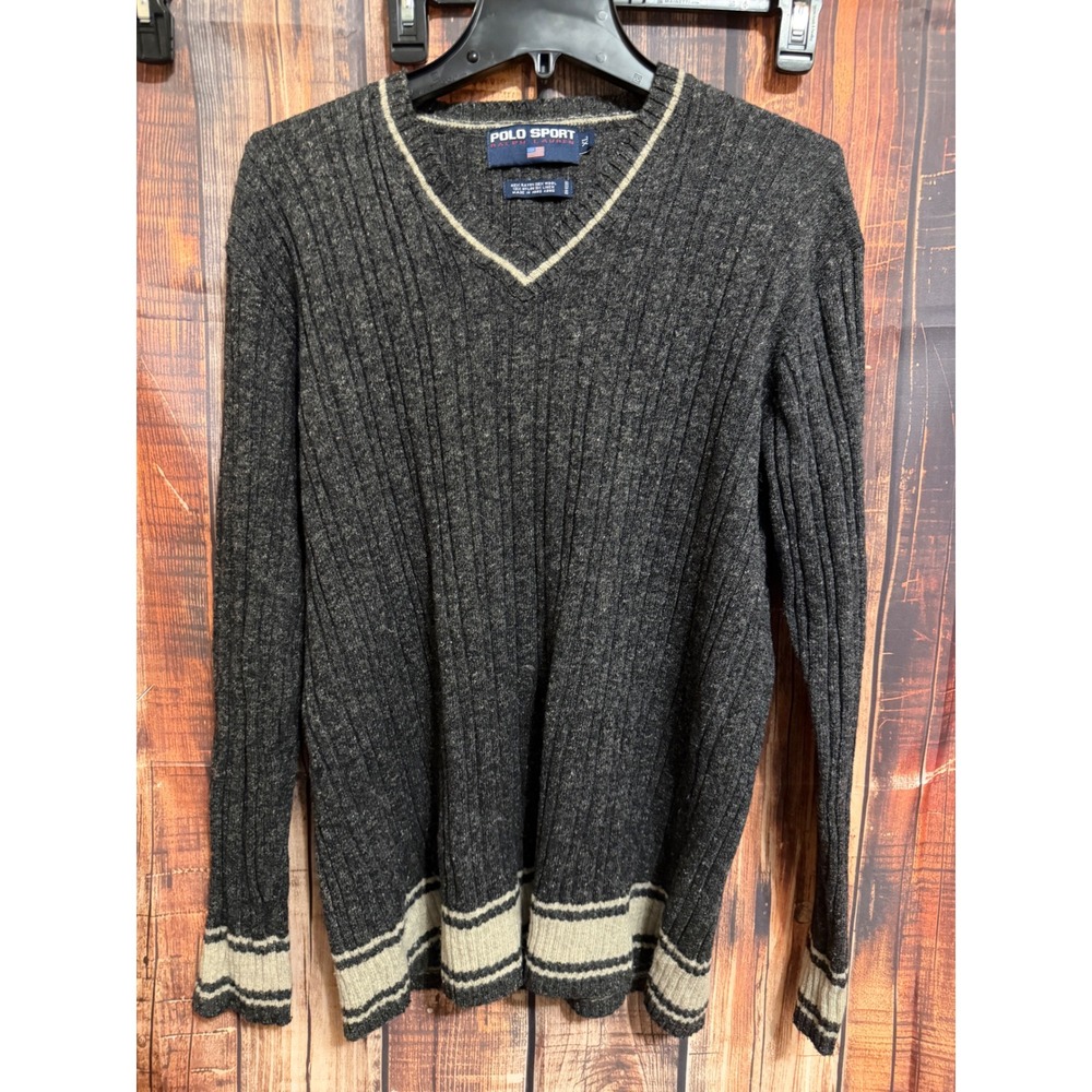 Vintage Polo Sport Ralph Lauren V-Neck Ribbed Wool Blend Sweater Gray XL